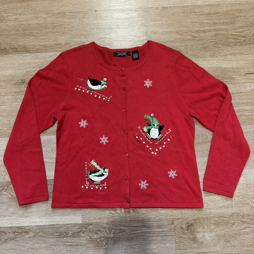Vintage Crystal Kobe Christmas Sweater Cardigan Button Up Penguins Ice Skating L